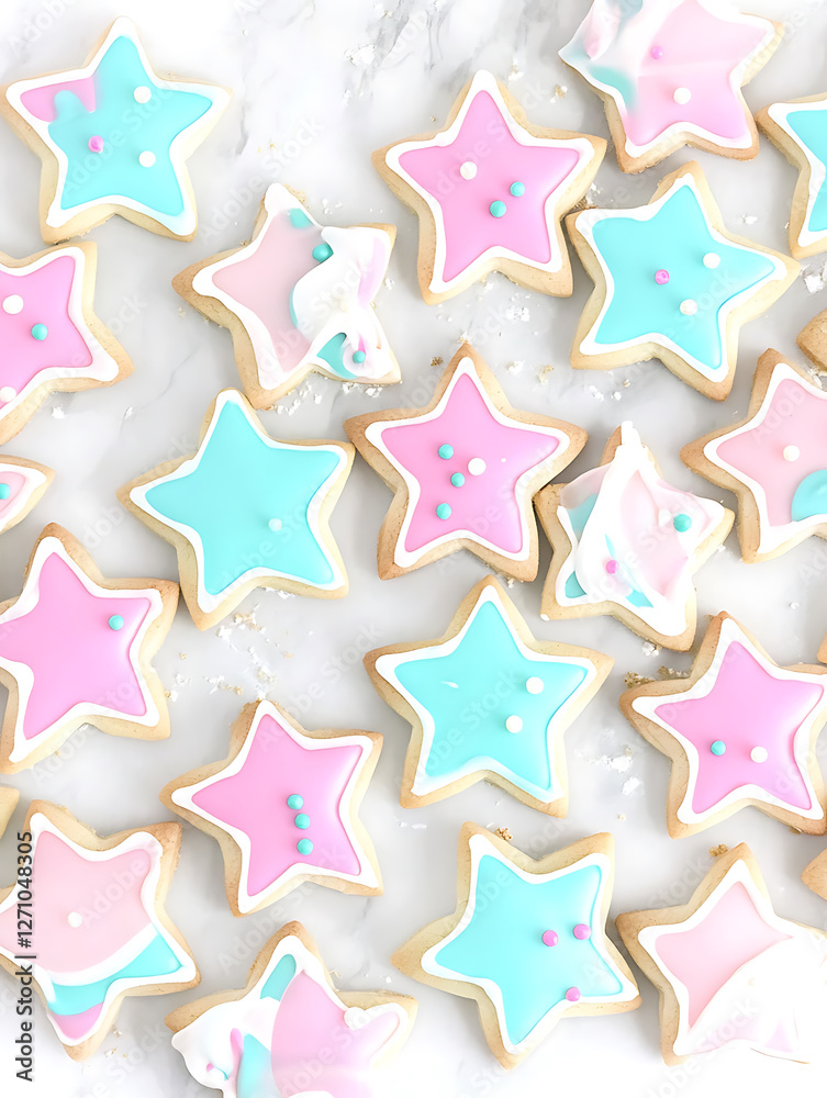 Assorted star-shaped sugar cookies with pink and blue icing scattered on a white marble surface. Assorted star-shaped sugar cookies with pink and blue icing scattered on a white marble surface.