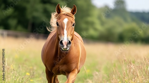 Galloping horse running freely in lush green meadow showcasing the beauty of nature and freedom : Generative AI