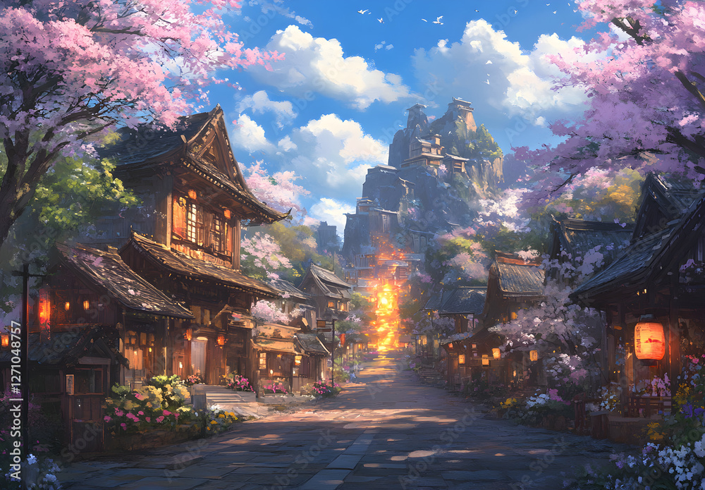 A beautiful painting of an enchanted garden with colorful flowers, soft lighting, and an array of small buildings, trees, and paths leading to the distance where there is light shining through A beautiful painting of an enchanted garden with colorful flowers, soft lighting, and an array of small buildings, trees, and paths leading to the distance where there is light shining through