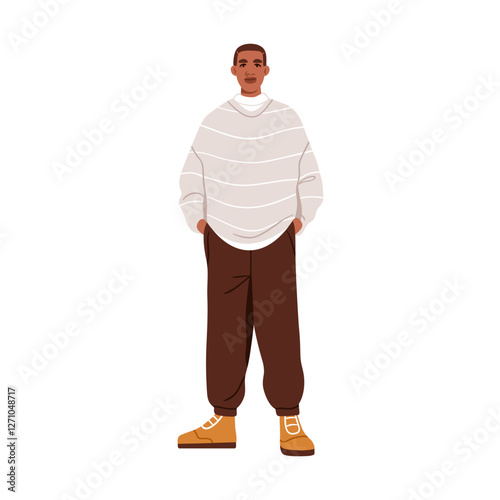 Modern black man in casual clothes, outfit. Young African American male standing in relaxed pose, wearing comfortable apparel, urban style. Flat vector illustration isolated on white background