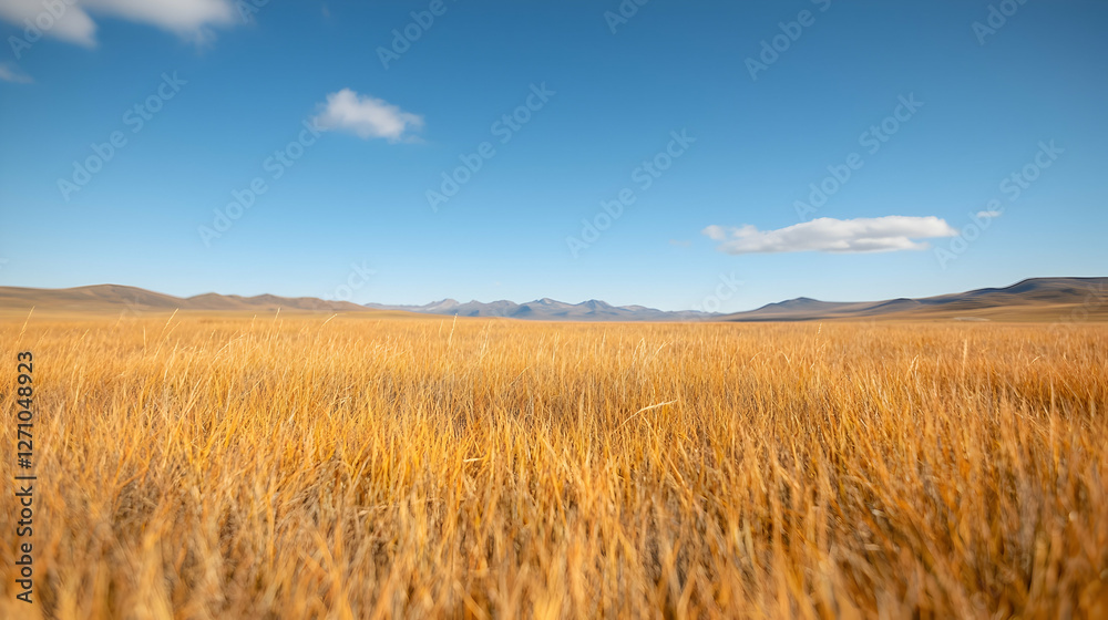 Golden grassland under blue sky, mountains backdrop. Perfect for travel brochures Golden grassland under blue sky, mountains backdrop. Perfect for travel brochures