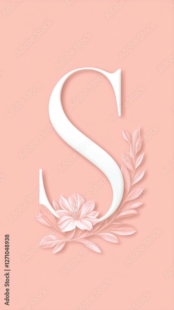 Fototapeta premium Elegant white letter s with floral design on peach background