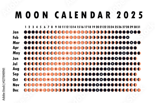 2025 Moon calendar. Astrological calendar design. planner. Place for stickers. Month cycle planner mockup. Isolated black and white background.