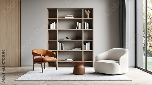 Modern living room design featuring stylish chairs and bookshelf contemporary home interior decor minimalist cozy aesthetic appeal