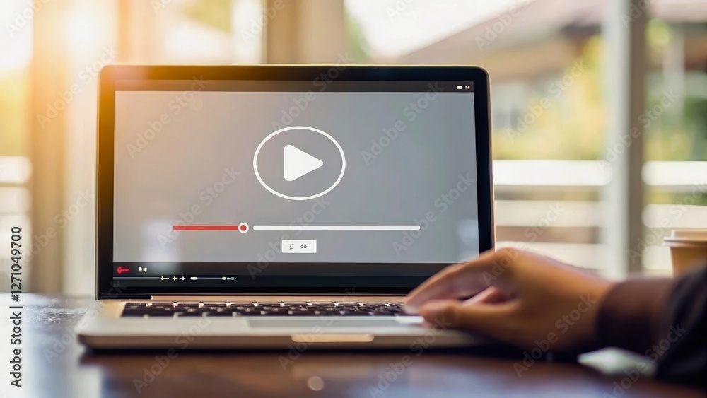 Fototapeta premium Laptop Screen Showing Video Player Interface with Play Button on a Sunny Day