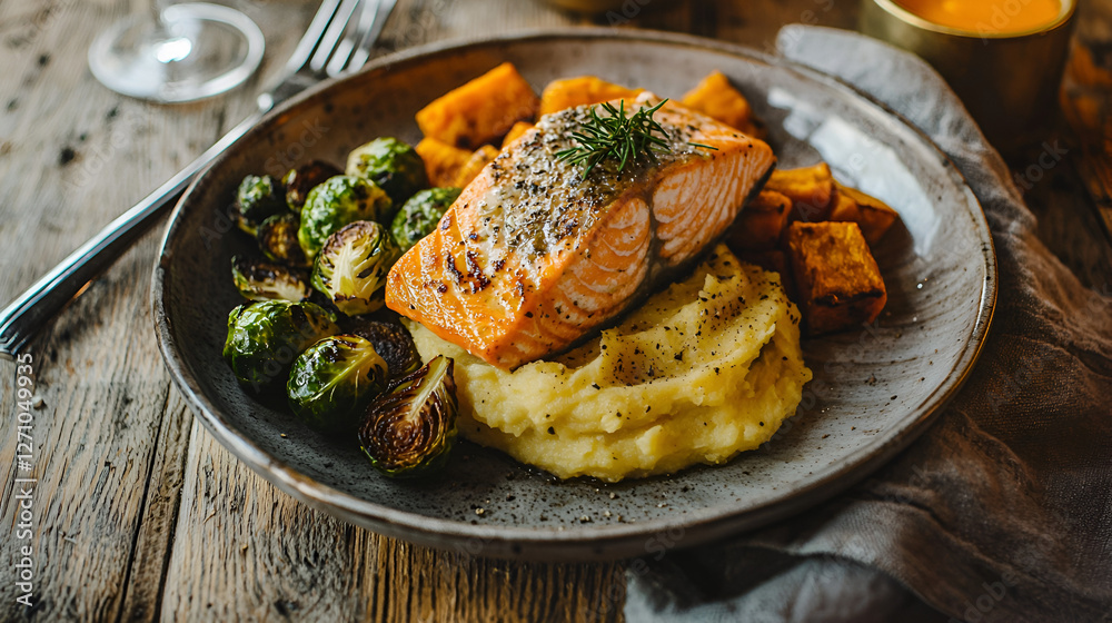 Grilled salmon fillet served with mashed potatoes, roasted Brussels sprouts, and sweet potato cubes. Grilled salmon fillet served with mashed potatoes, roasted Brussels sprouts, and sweet potato cubes.