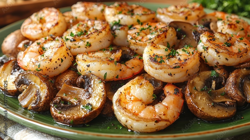 Appetizing plate of shrimp and flavorful mushrooms served for a delightful dining experience Appetizing plate of shrimp and flavorful mushrooms served for a delightful dining experience
