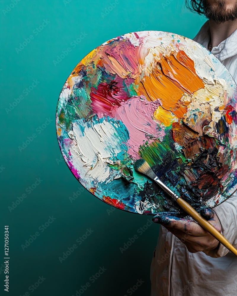 Fototapeta premium Artist with brush and palette of paint on plain colored background. space for text.