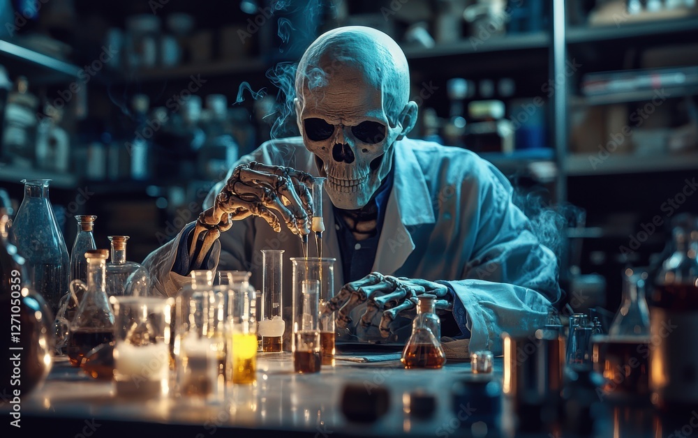 A skeleton scientist in a lab coat mixing chemicals in test tubes A skeleton scientist in a lab coat mixing chemicals in test tubes