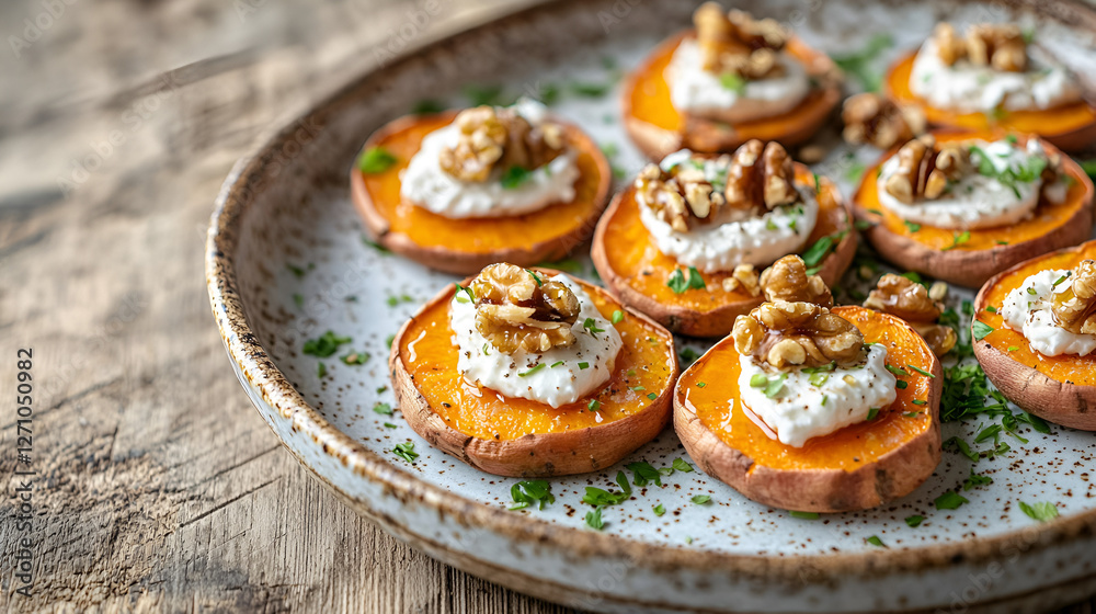 Roasted Sweet Potato Bites: Topped with creamy cheese and walnuts, a tasty and healthy snack option. Roasted Sweet Potato Bites: Topped with creamy cheese and walnuts, a tasty and healthy snack option.