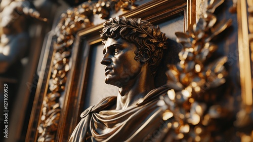 Bronze antiquity, Statue of dignified leader with wreath in golden frame