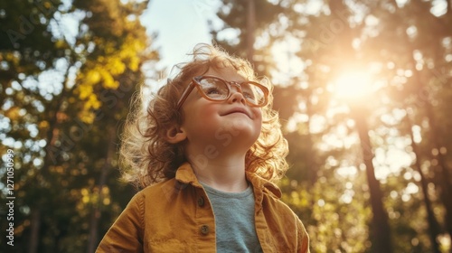 Myopia prevention with a child wearing glasses exploring the outdoors. Adventure, wellness, and eye health