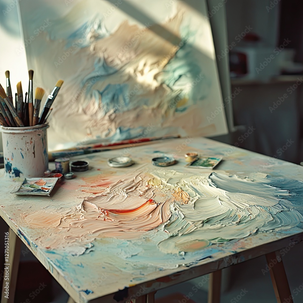 Photograph of gouache and watercolor with a set of brushes in an art studio. Oil paints are smeared on the palette. Soft light. Small depth of field. Photograph of gouache and watercolor with a set of brushes in an art studio. Oil paints are smeared on the palette. Soft light. Small depth of field.