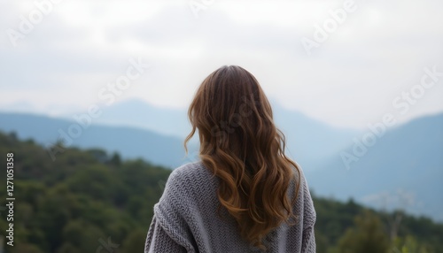 A person with long, wavy hair standing with their back to the viewer, looking out over a lush green landscape with mountains in the background. Soft, natural lighting and a sense of tranquility in the
