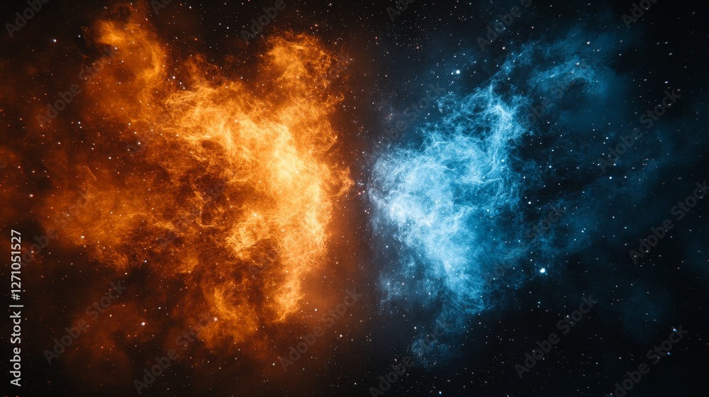 Fototapeta premium A powerful abstract backdrop featuring brilliant celestial light opposing dark infernal flames, illustrating the fierce confrontation between good and evil energies in a high-intensity cosmic theme