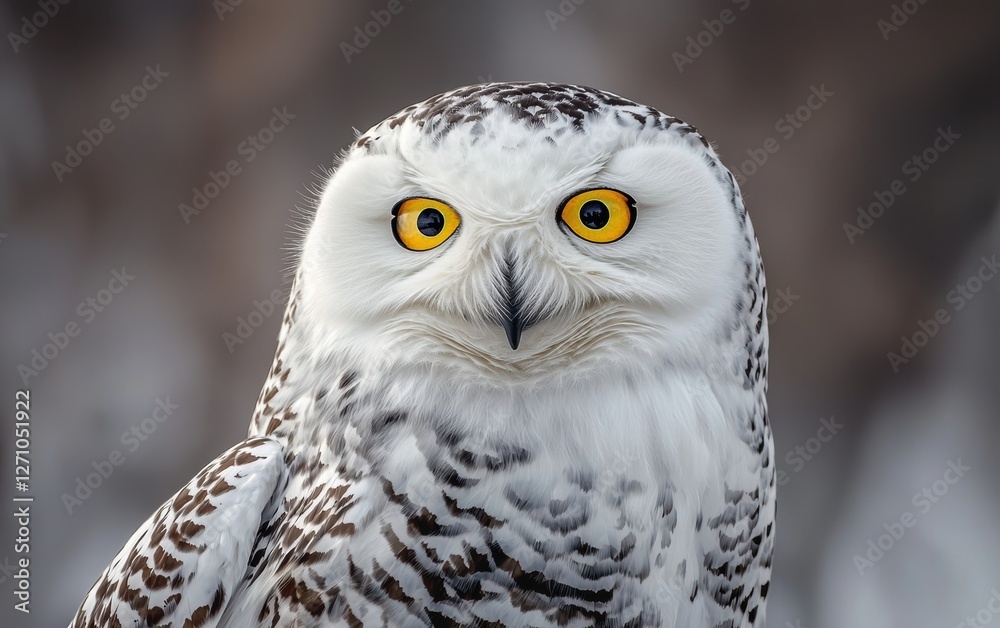 A snowy owl gazing intensely with piercing yellow eyes A snowy owl gazing intensely with piercing yellow eyes