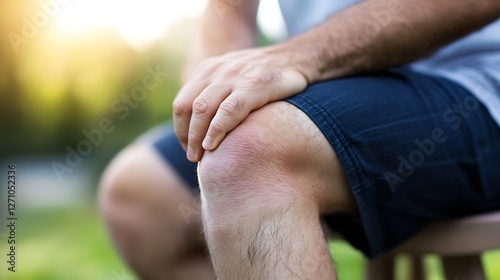 Young adult experiencing knee pain while sitting outdoors in a serene natural setting : Generative AI photo