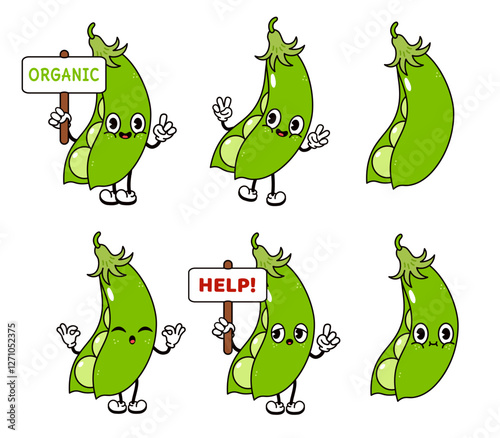 Funny cute Peas characters bundle set. Vector hand drawn doodle style traditional cartoon vintage, retro character illustration design. Isolated white background. Happy Peas