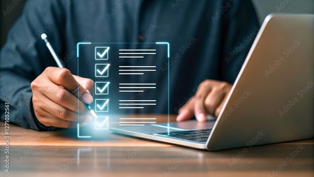 Person Completing Digital Checklist on Laptop in Modern Workspace Setting