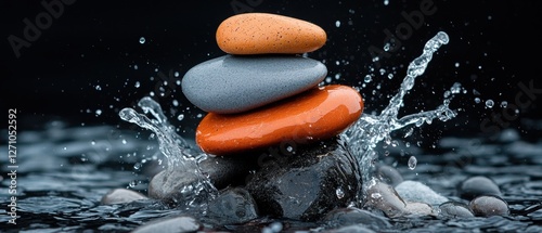 A stack of three rocks in orange, gray, and black sits atop a black rock in a body of water. photo