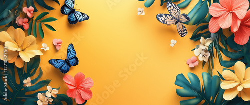 Tropical Floral Frame With Butterflies