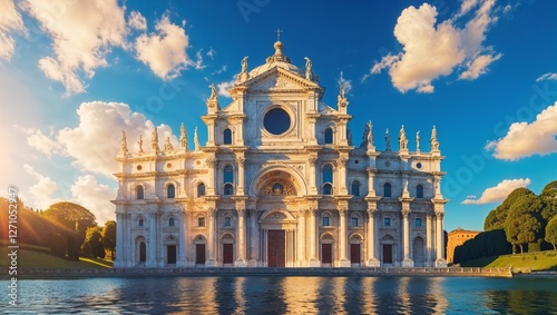 Majestic isola san michele church reflecting on water at sunset in venice, italy