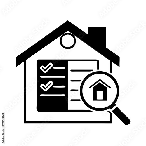 Home inspection icon featuring checklist and magnifying glass for real estate evaluation