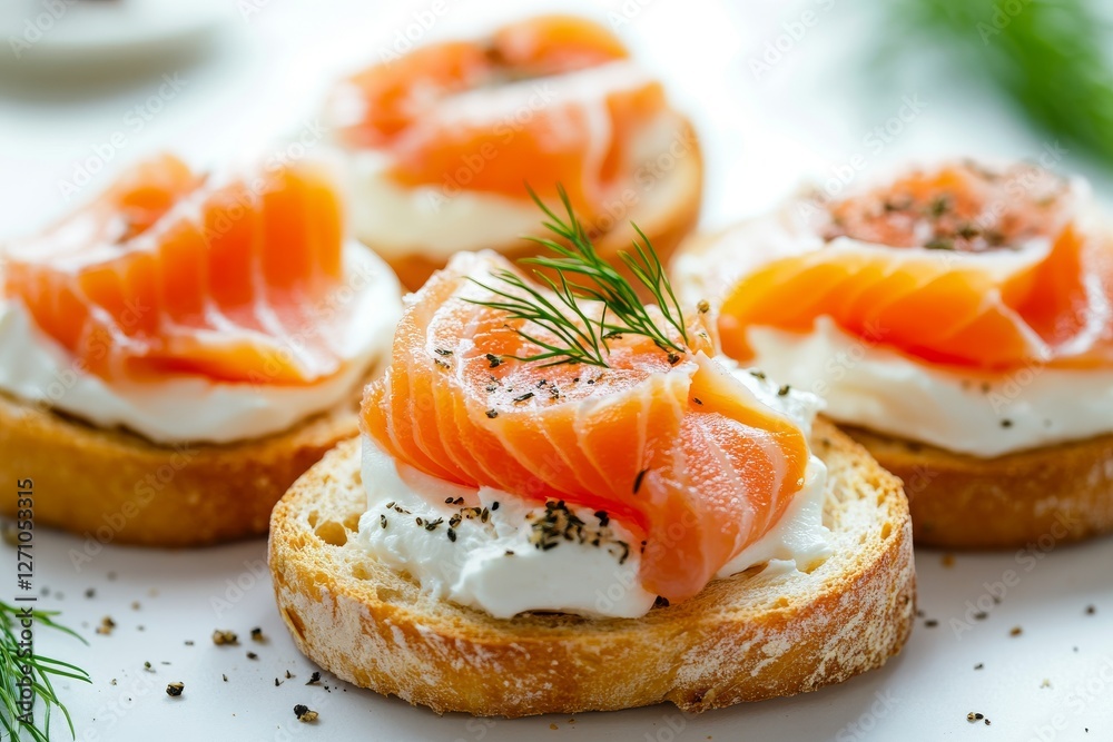 Isolated white background with canapés of red salmon and cream cheese Isolated white background with canapés of red salmon and cream cheese