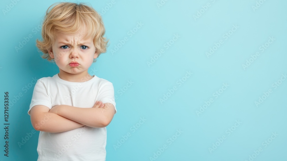 Young child with crossed arms, toddler showing determination, playful expression against a light blue background, space for text. Young child with crossed arms, toddler showing determination, playful expression against a light blue background, space for text.
