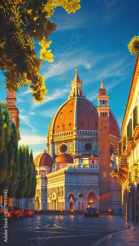 Florence cathedral and giotto's campanile glowing in the late afternoon sun