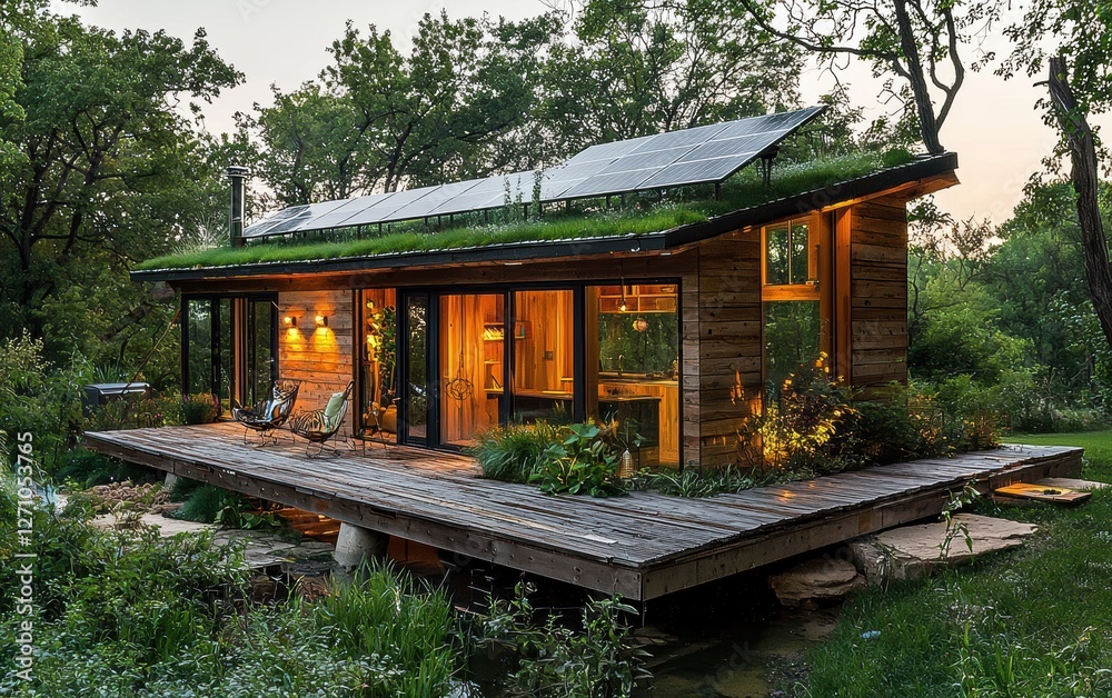 A tiny sustainable house with solar panels and a green roof A tiny sustainable house with solar panels and a green roof