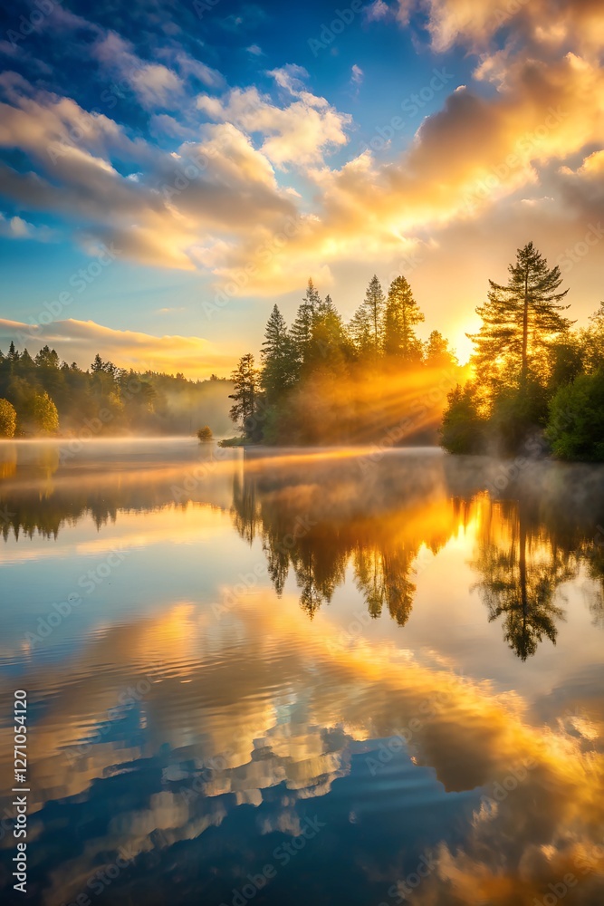 Fototapeta premium Misty Dawn Reflection: Tranquil Lake, Golden Sunrise, and Serene Forest – 10K Ultra-HD Breathtaking Scenery