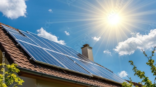 Renewable energy solution, Solar panels on a home roof generating clean power