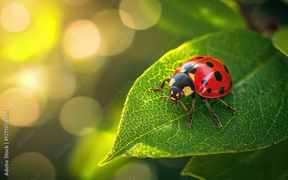 Fototapeta premium A vibrant ladybug crawling on a fresh green leaf