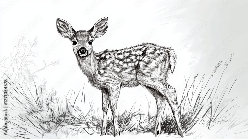 A simple black ink illustration of a young deer, highlighted on a white surface A simple black ink illustration of a young deer, highlighted on a white surface
