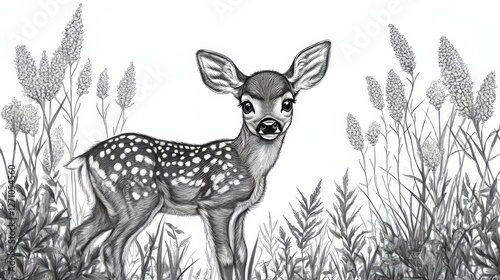 A black ink drawing of a small deer, set against a white background