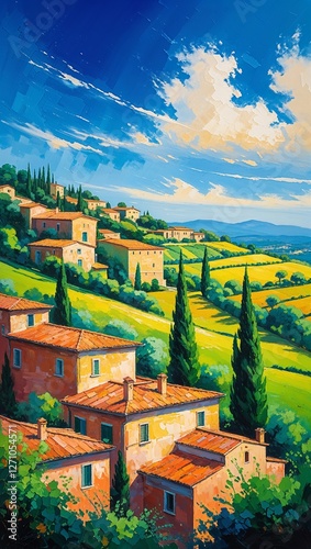 Tuscan landscape painting showing rolling green hills and picturesque houses