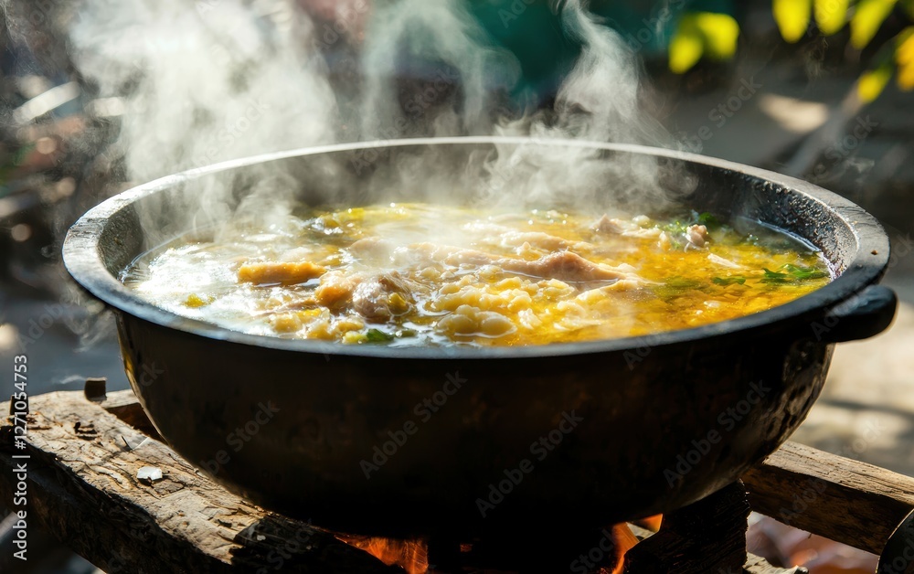 A warm bowl of chicken soup, steam rising from the golden broth A warm bowl of chicken soup, steam rising from the golden broth