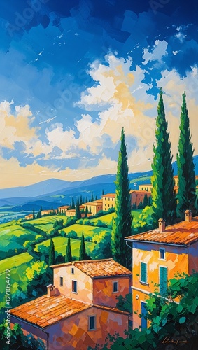 Idyllic tuscan landscape painting with cypress trees and houses