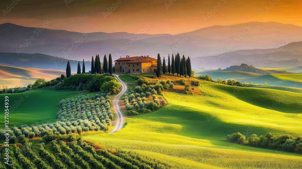 Naklejka premium Tuscan Villa Sunrise Rolling Hills Landscape