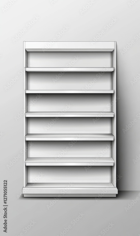 Supermarket display mockup featuring a 3D white empty product display with shelves, isolated on a white background. Retail shelf display Supermarket display mockup featuring a 3D white empty product display with shelves, isolated on a white background. Retail shelf display