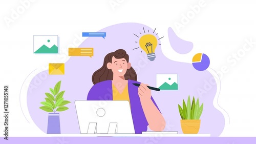 Vector character design scene animation illustrating the creative thinking process, with characters developing concepts, brainstorming, and using design tools to bring ideas to life.