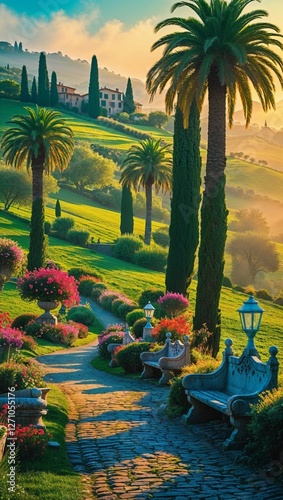 Cobblestone path leading to tuscan villa at sunset, passing through beautiful garden with benches, palm trees and flowers