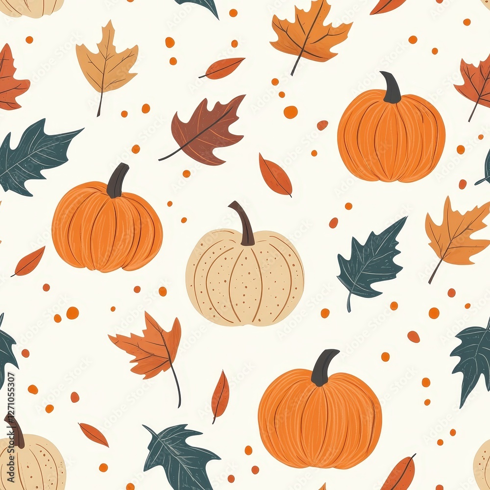 An elegant pattern of orange and brown leaves with pumpkins celebrating the fall season An elegant pattern of orange and brown leaves with pumpkins celebrating the fall season