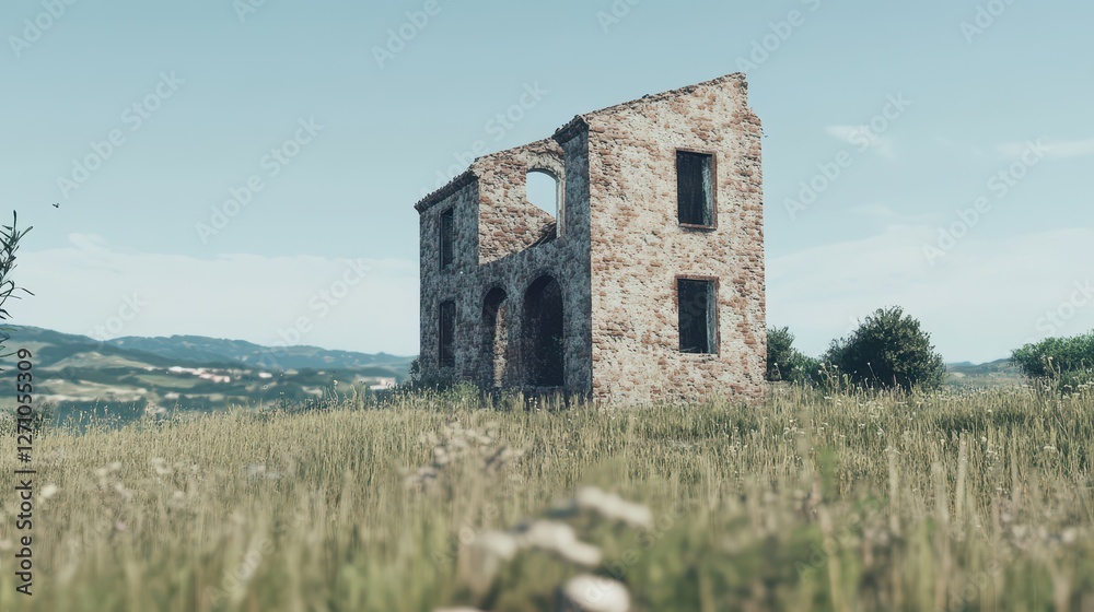 Stone Ruin Stands in Grassy Field Under Blue Sky Stone Ruin Stands in Grassy Field Under Blue Sky