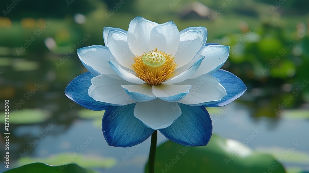 A striking white and blue flower exhibiting delicate petals in a lush garden setting A striking white and blue flower exhibiting delicate petals in a lush garden setting