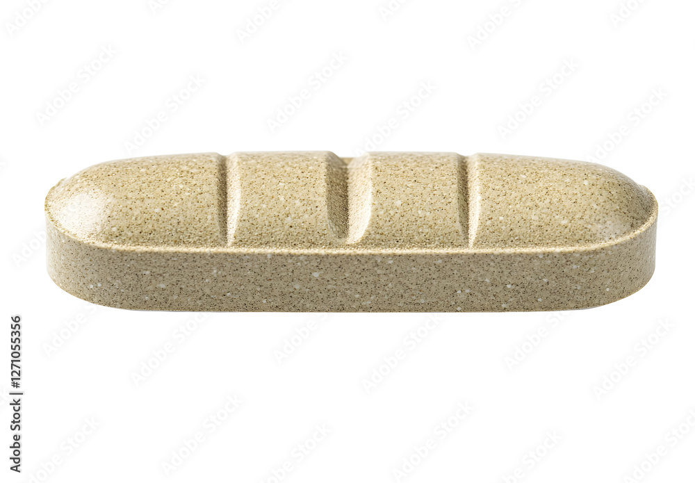A large oval beige-colored sleeping pill, white background, high-resolution photography, professional photograph, from all sides, side view, top view, photo taken from above. A large oval beige-colored sleeping pill, white background, high-resolution photography, professional photograph, from all sides, side view, top view, photo taken from above.