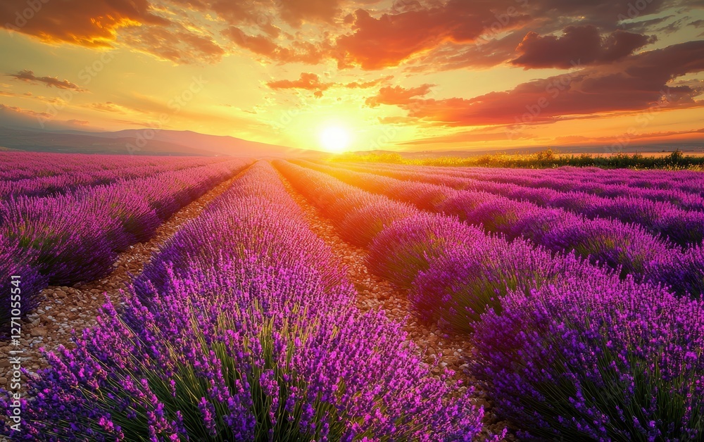 Obraz premium Beautiful lavender fields in full bloom under a golden sunset