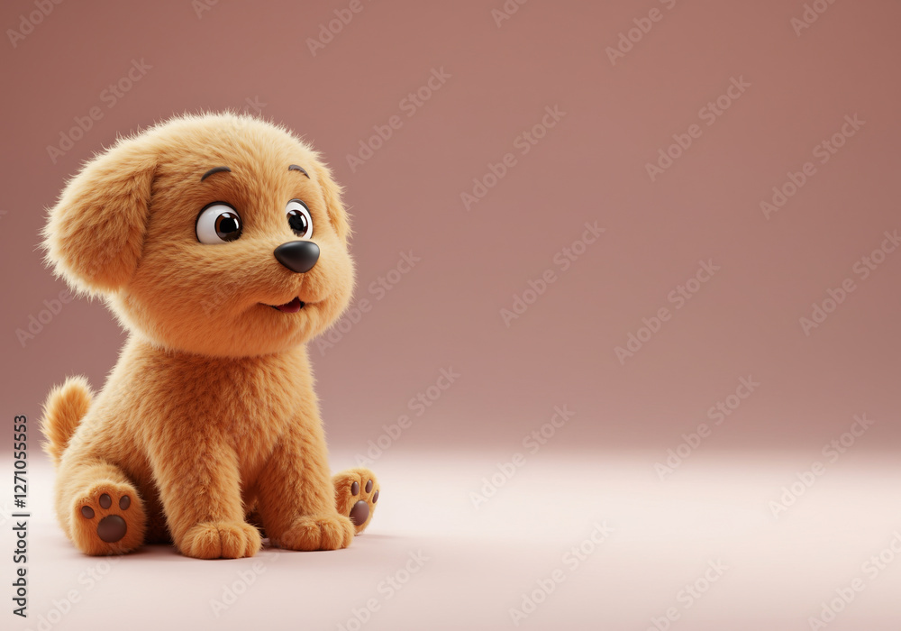 Fototapeta premium Cutest fluffy puppy dog sitting on the floor with an excited smile - isolated background with copy space for veterinarian product advertising and promotion