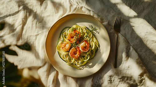 Shrimp and zucchini noodle dish elegantly plated, bathed in soft, natural light, creating a culinary delight.